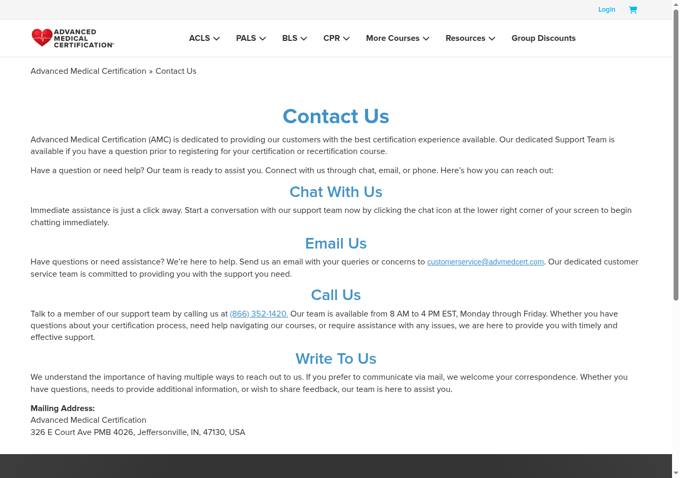 Advanced Medical Certification contact page showing phone number and hours, captured October 29, 2026