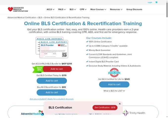 Advanced Medical Certification course page showing BLS, ACLS and PALS prices, captured October 29, 2026