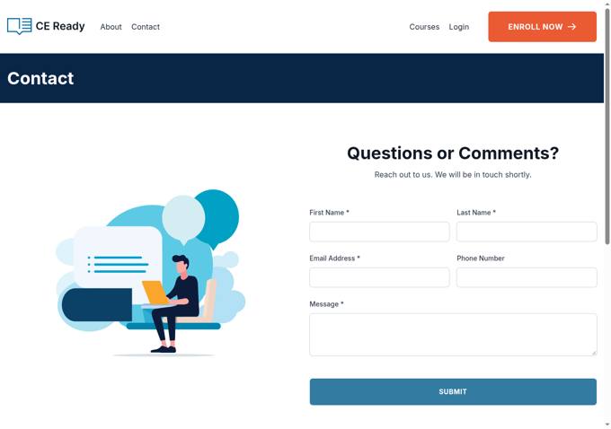 CE Ready contact page with a contact form and no phone number, captured October 29, 2026