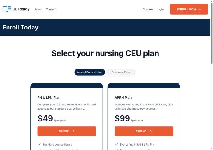 CE Ready enroll page showing $49 per year and $99 per year plans, captured October 29, 2026