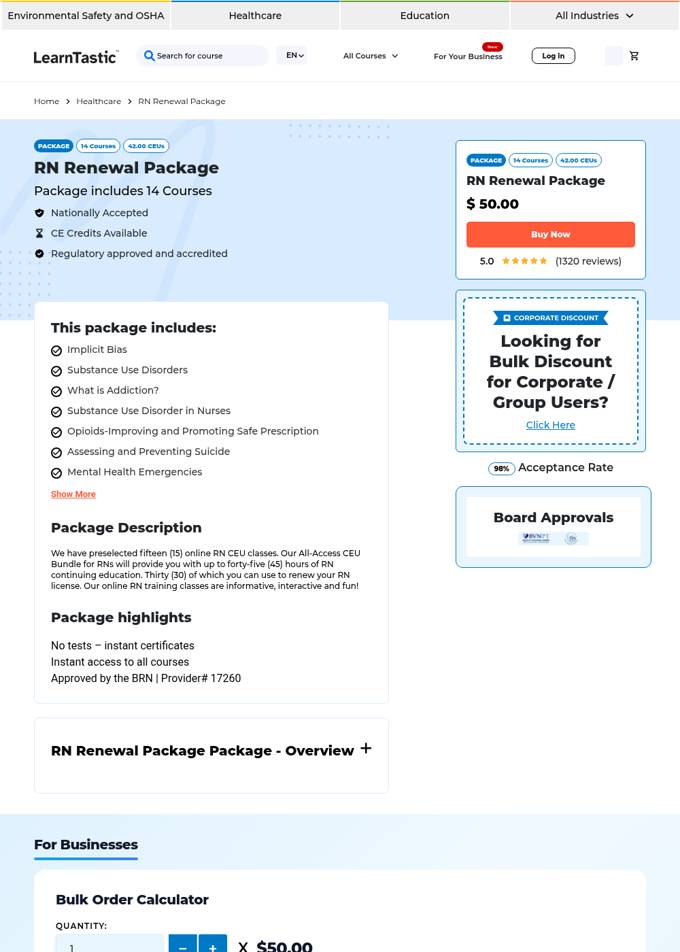LearnTastic RN Renewal Package page showing $50.00, captured October 29, 2026
