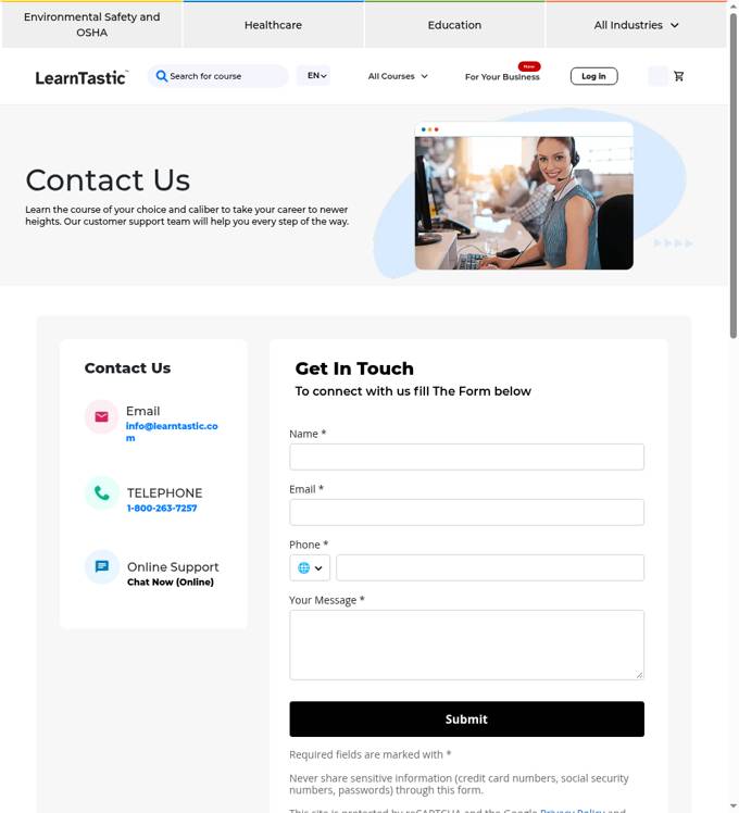 LearnTastic contact page showing phone, email and chat, captured October 29, 2026