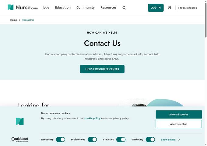 Nurse.com contact page with a ticket button and no support phone number, captured October 29, 2026