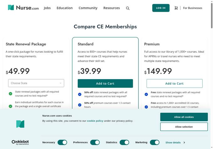 Nurse.com membership page showing $49.99, $39.99 and $149.99 options, captured October 29, 2026